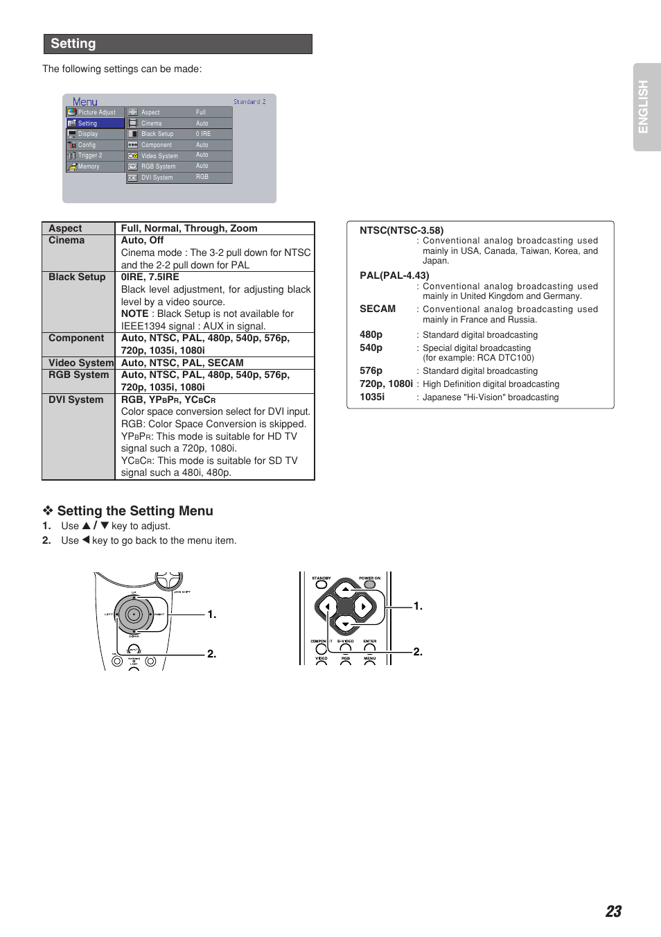 Setting the setting menu, Setting, English | Marantz DLP PROJECTOR VP-12S2 User Manual | Page 27 / 39