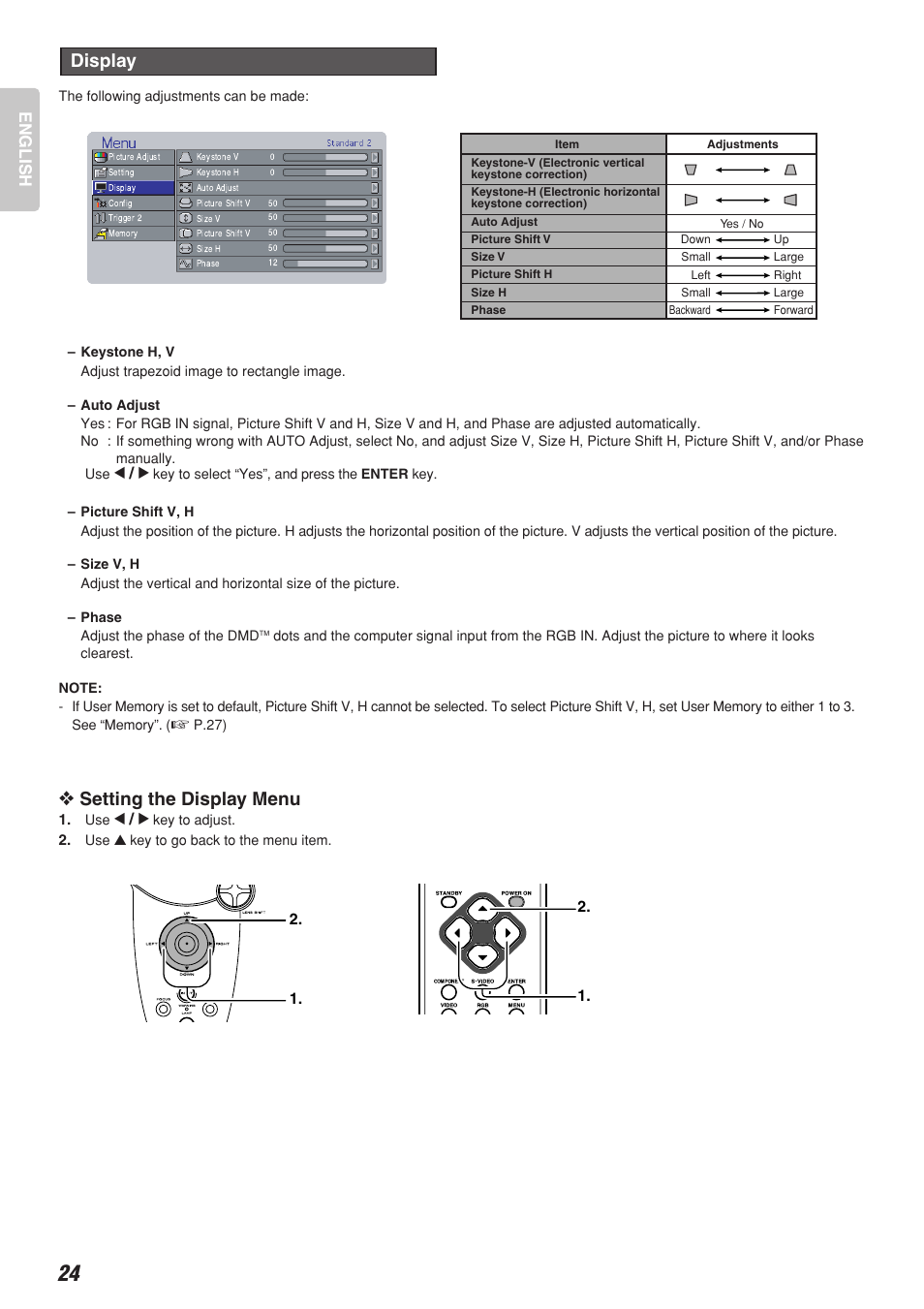 Setting the display menu, Display, English | Marantz DLP PROJECTOR VP-12S2 User Manual | Page 28 / 39