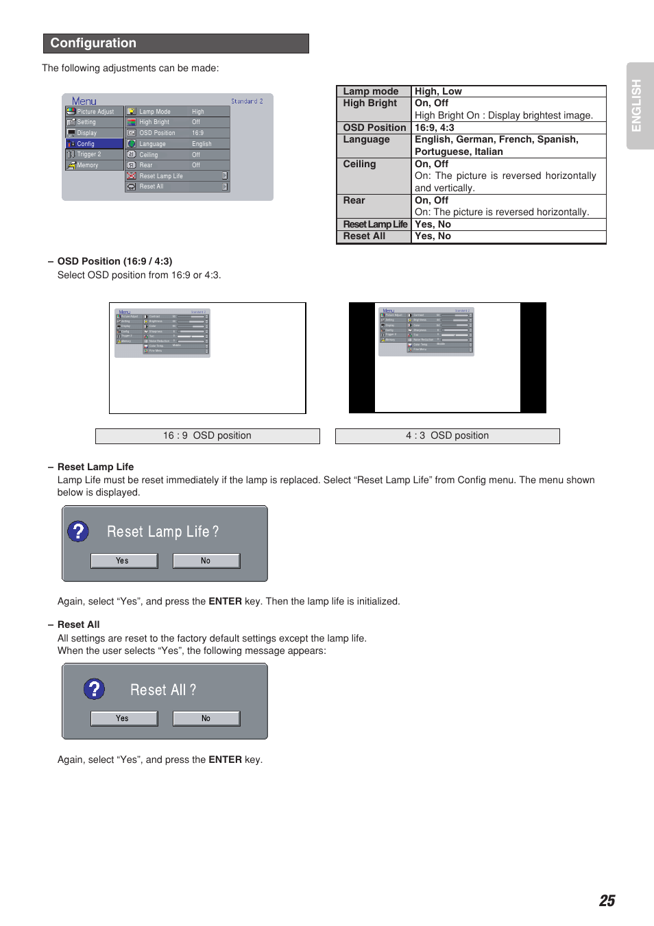 Reset all, Reset lamp life, Configuration | English | Marantz DLP PROJECTOR VP-12S2 User Manual | Page 29 / 39