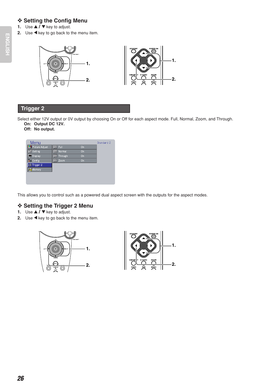 Setting the config menu, Setting the trigger 2 menu, Trigger 2 | Marantz DLP PROJECTOR VP-12S2 User Manual | Page 30 / 39