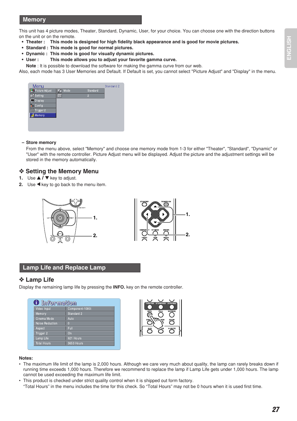 Lamp life, Lamp life and replace lamp | Marantz DLP PROJECTOR VP-12S2 User Manual | Page 31 / 39