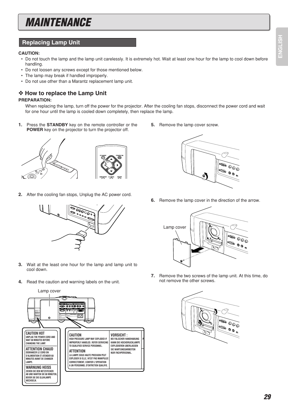 Maintenance, How to replace the lamp unit, Replacing lamp unit | Marantz DLP PROJECTOR VP-12S2 User Manual | Page 33 / 39