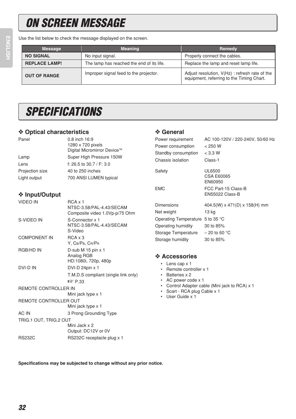 Specifications, On screen message, Optical characteristics | Input/output, General, Accessories | Marantz DLP PROJECTOR VP-12S2 User Manual | Page 36 / 39