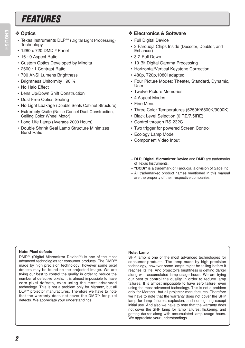 Features, Optics, Electronics & software | Marantz DLP PROJECTOR VP-12S2 User Manual | Page 6 / 39