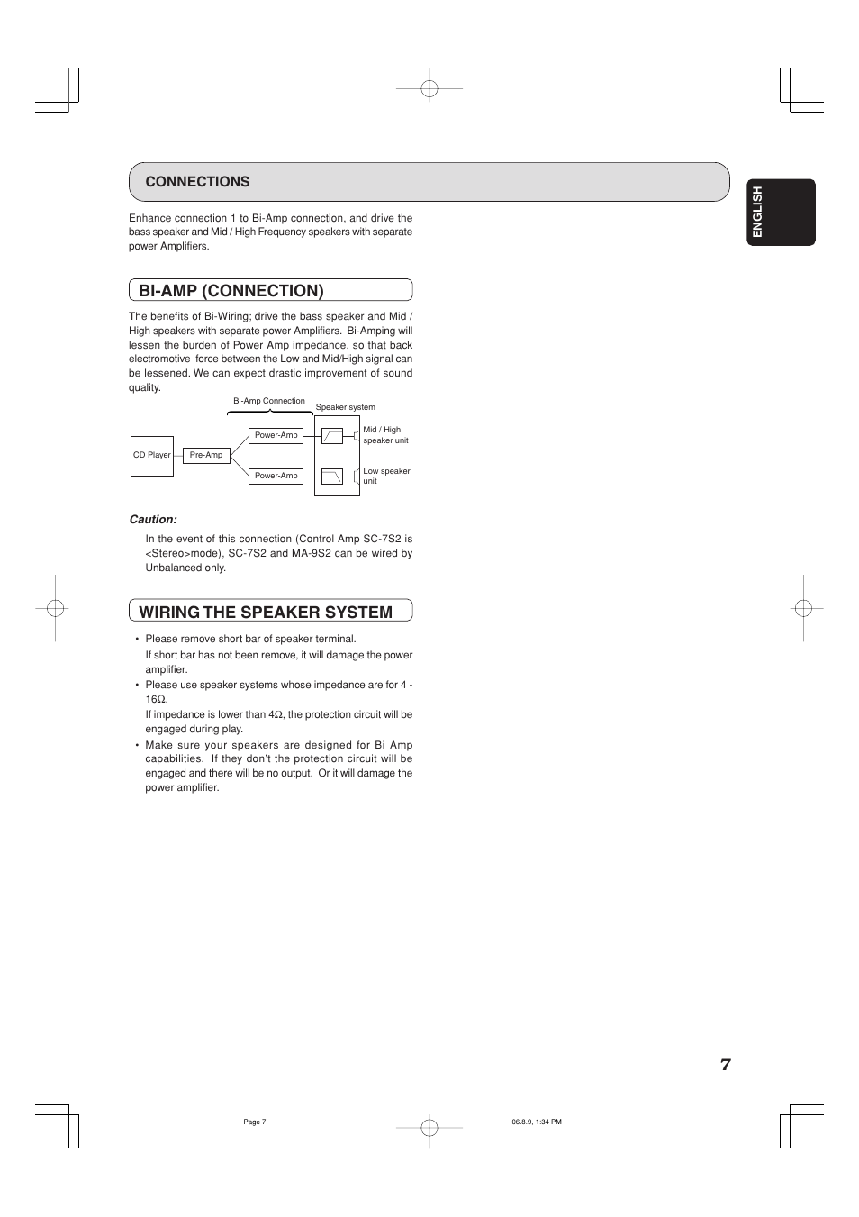 Bi-amp (connection), Wiring the speaker system, Connections | Marantz MA-9S2 User Manual | Page 11 / 19