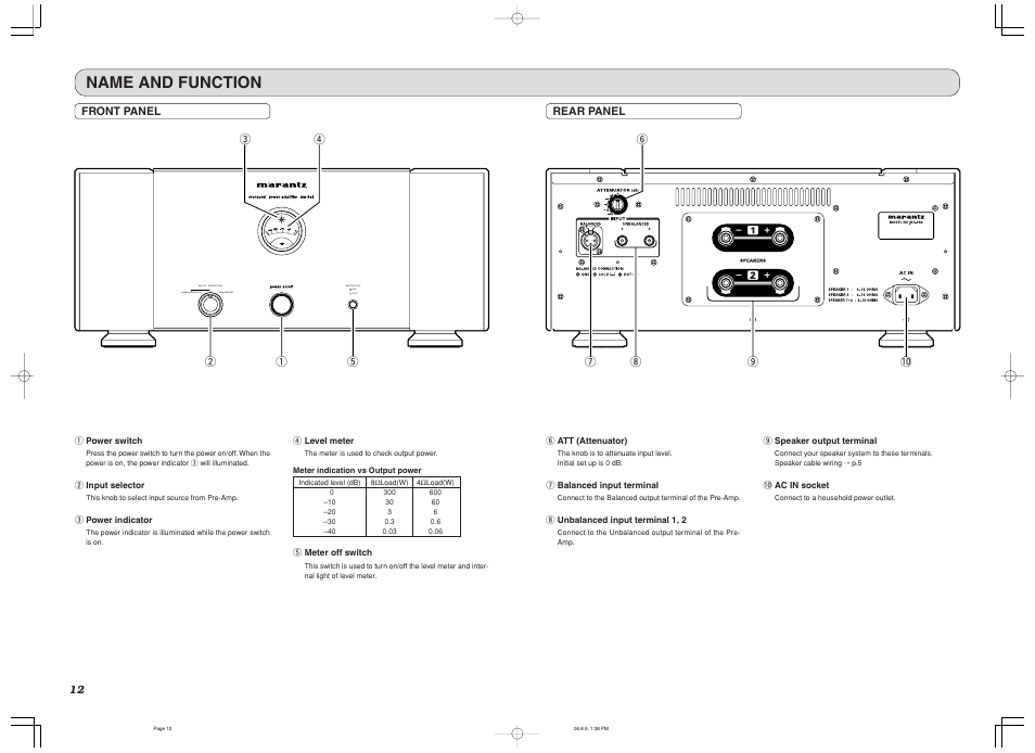 Name and function, Front panel, Wq t r e | Ui o !0 y rear panel | Marantz MA-9S2 User Manual | Page 16 / 19