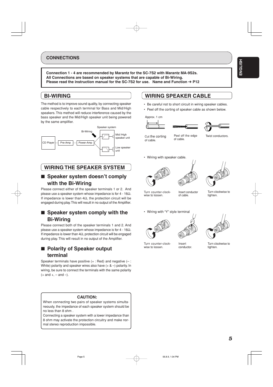 Wiring speaker cable, Bi-wiring, Wiring the speaker system | Speaker system doesn’t comply with the bi-wiring, Speaker system comply with the bi-wiring, Polarity of speaker output terminal | Marantz MA-9S2 User Manual | Page 9 / 19