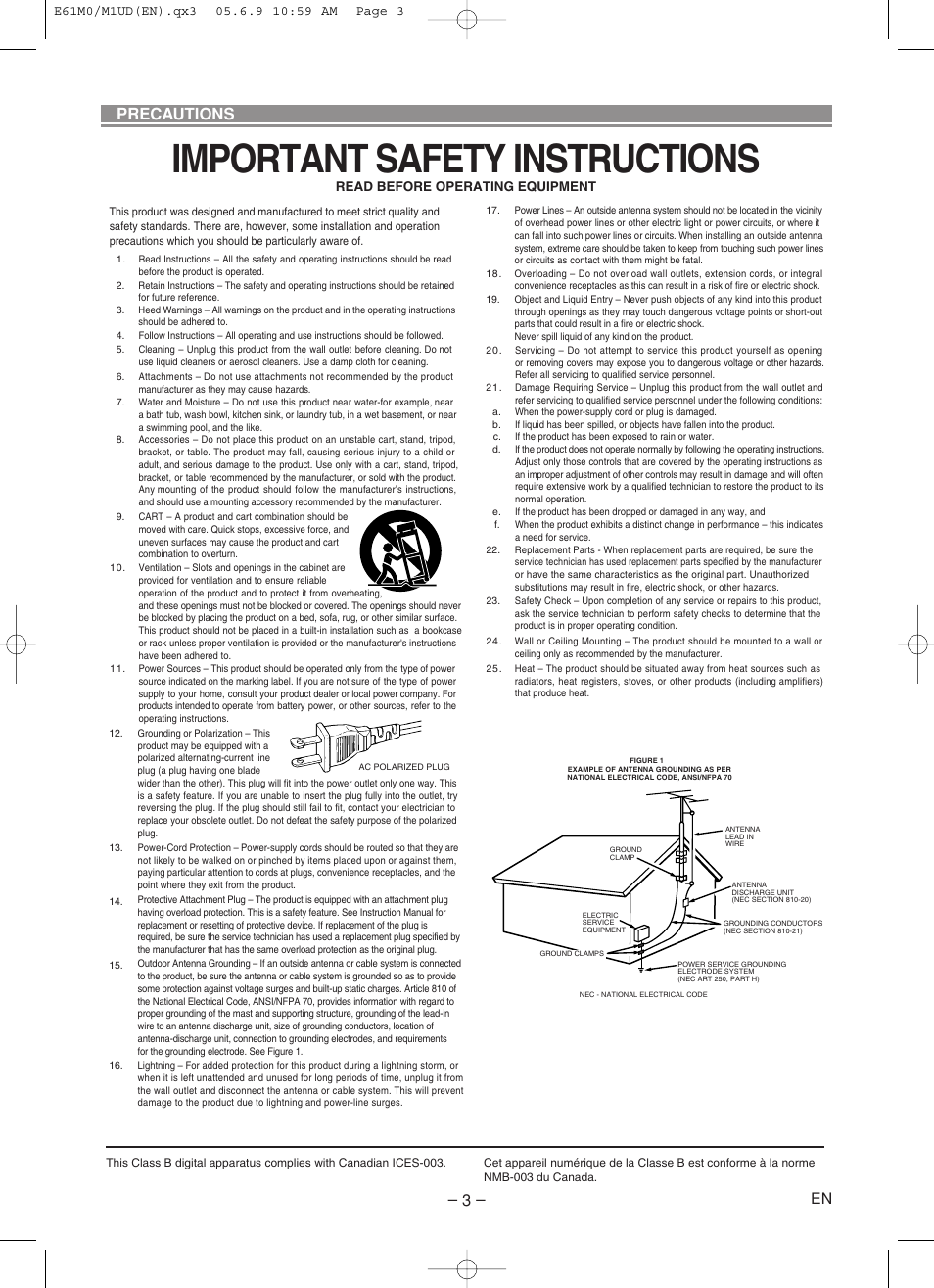 Important safety instructions, Precautions | Marantz DV4600 User Manual | Page 3 / 28