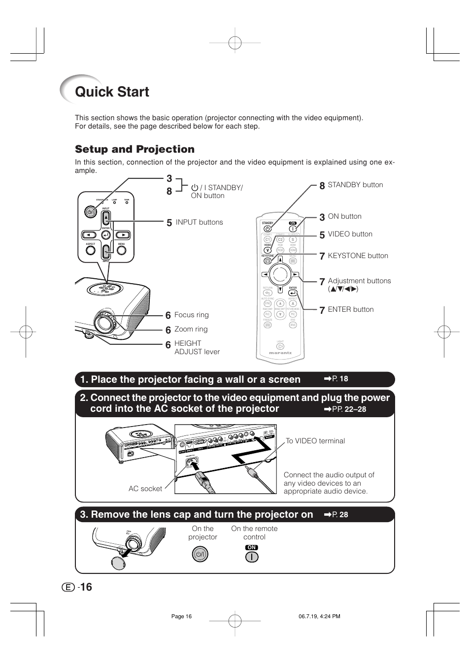 Quick start, Setup and projection, Place the projector facing a wall or a screen | Marantz VP4001 User Manual | Page 17 / 66