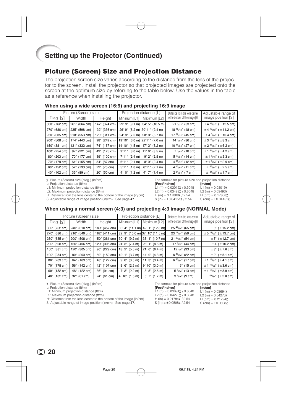 Setting up the projector (continued), Picture (screen) size and projection distance | Marantz VP4001 User Manual | Page 21 / 66