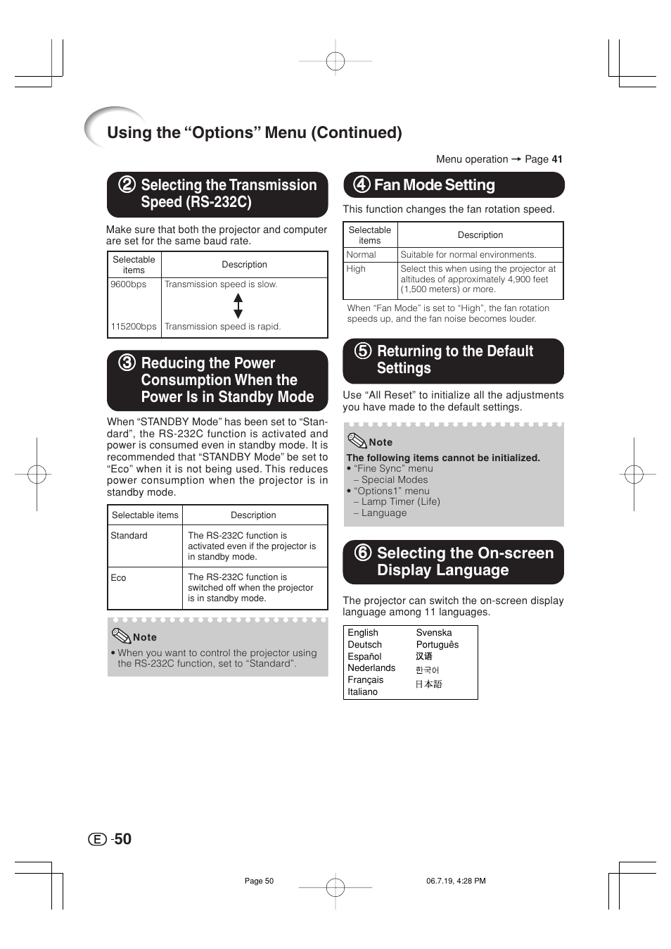 Using the “options” menu (continued), 44 fan mode setting, 55 returning to the default settings | 66 selecting the on-screen display language | Marantz VP4001 User Manual | Page 51 / 66