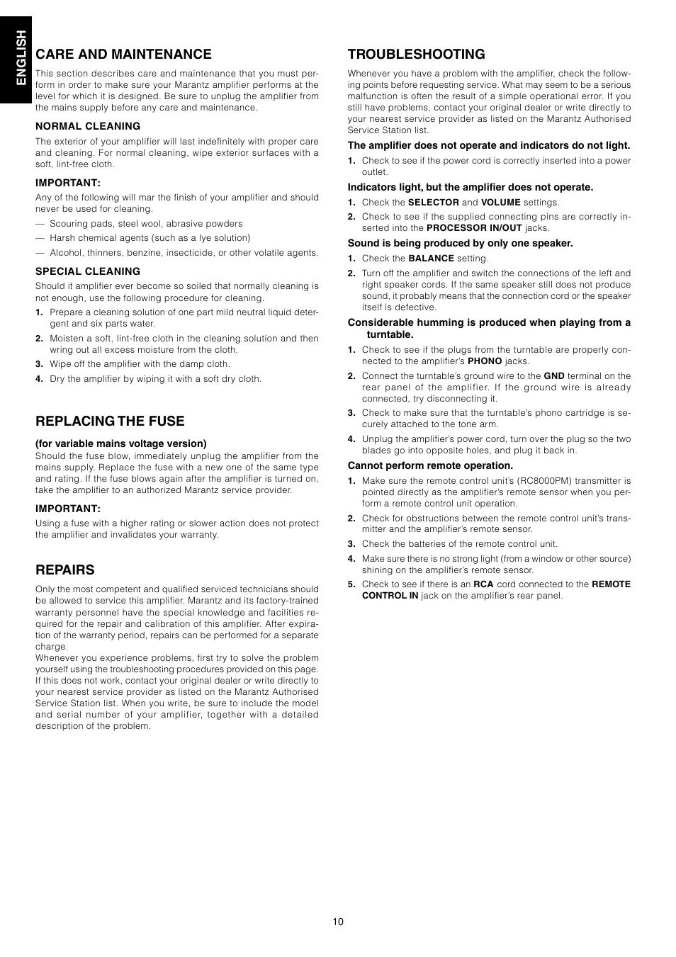 Troubleshooting, Care and maintenance, Replacing the fuse | Repairs | Marantz PM7200 User Manual | Page 12 / 17