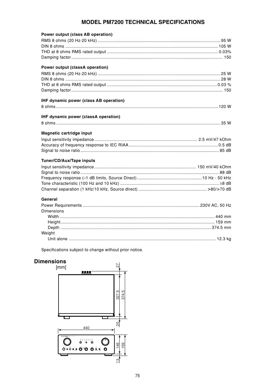 Model pm7200 technical specifications, Dimensions | Marantz PM7200 User Manual | Page 13 / 17