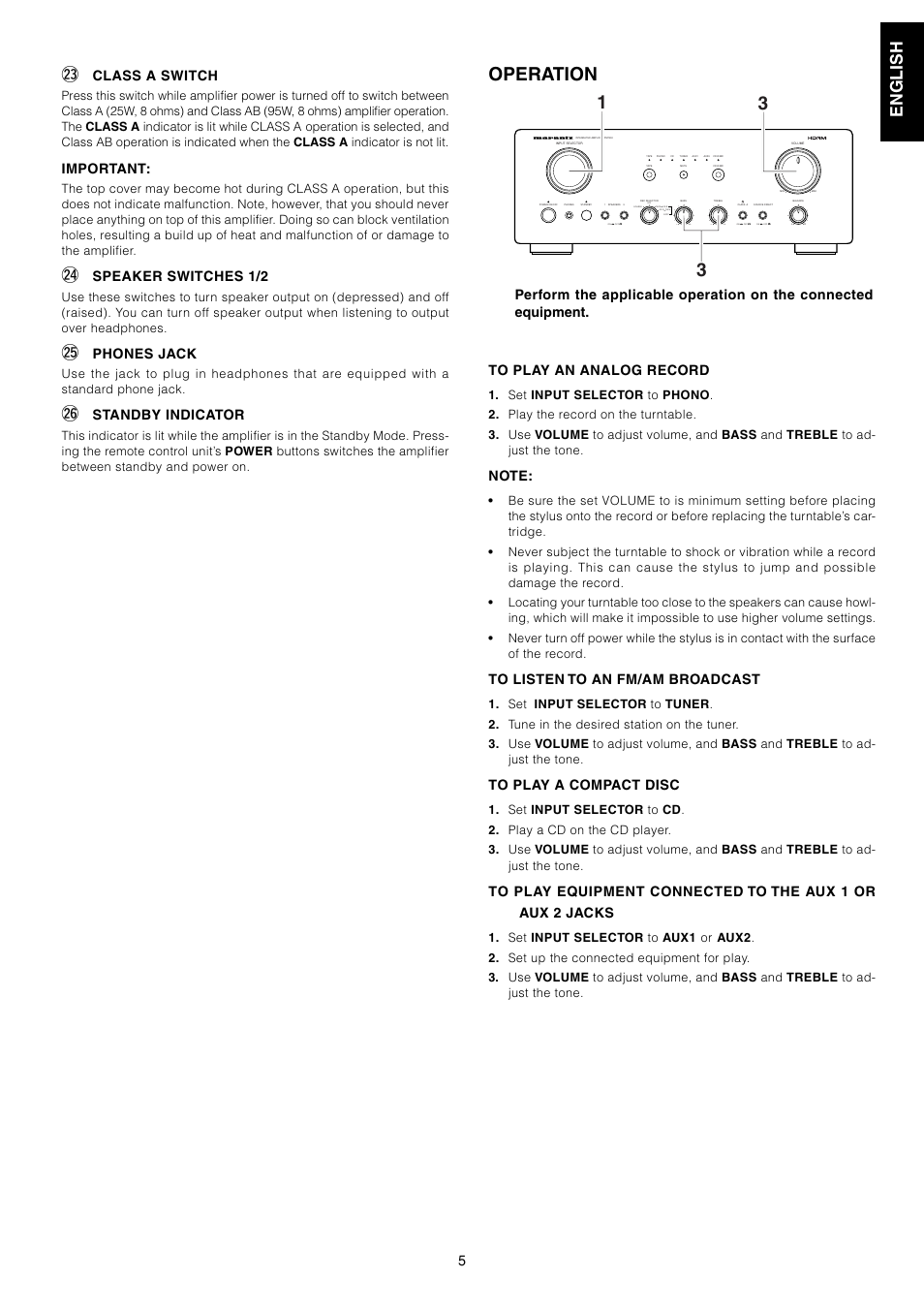 Operation, Class a switch, Important | Speaker switches 1/2, Phones jack, Standby indicator | Marantz PM7200 User Manual | Page 7 / 17