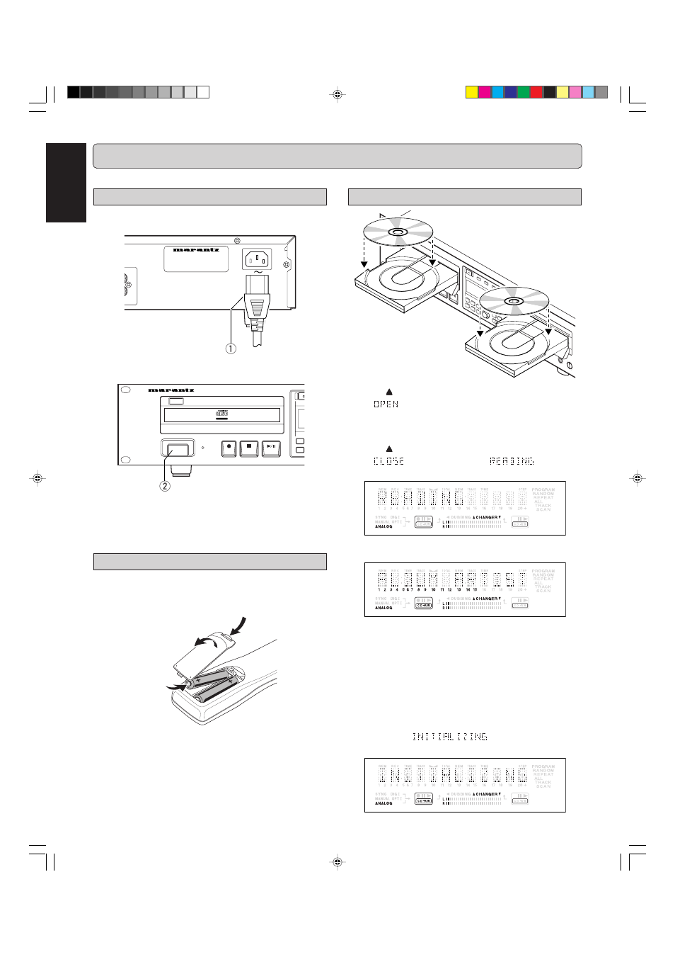 Initial setup, English, Inserting discs | Switching on and off, Using the remote control | Marantz CDR500 User Manual | Page 13 / 33