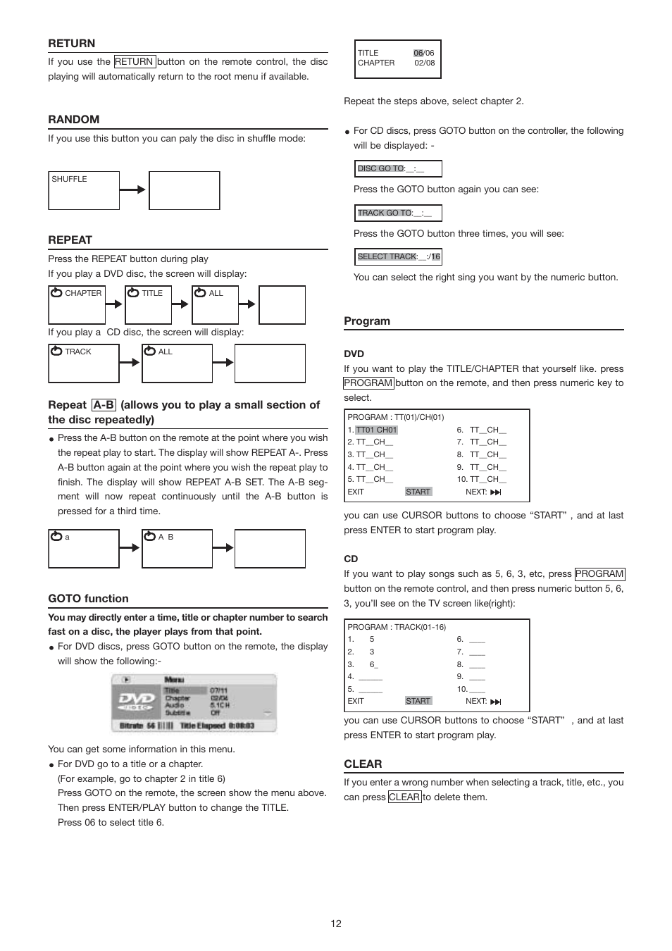 Return, Random, Repeat | Goto function, Program, Clear | Marantz DV3001e User Manual | Page 14 / 26