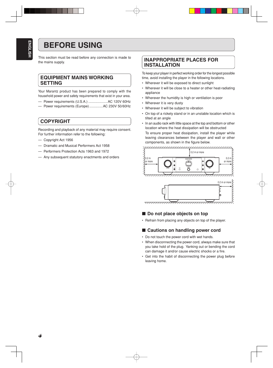 Before using, Equipment mains working setting, Copyright | Inappropriate places for installation | Marantz Model SC-11S1 User Manual | Page 10 / 37