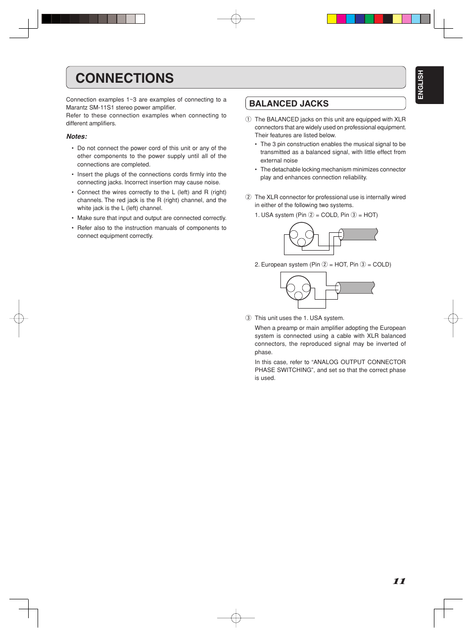 Connections, Balanced jacks | Marantz Model SC-11S1 User Manual | Page 17 / 37
