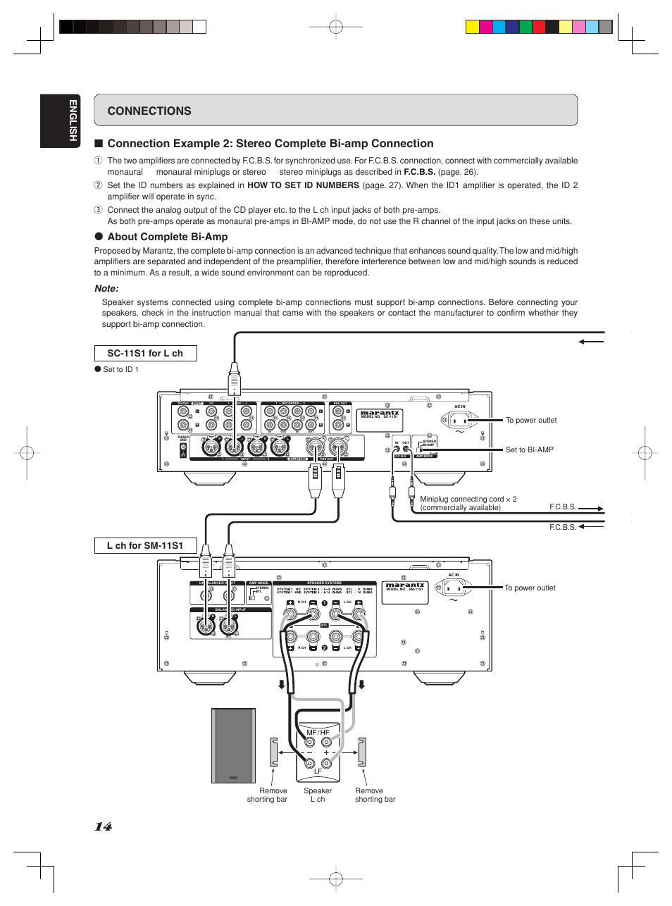 Connections, About complete bi-amp, English | Sc-11s1 for l ch, L ch for sm-11s1 | Marantz Model SC-11S1 User Manual | Page 20 / 37