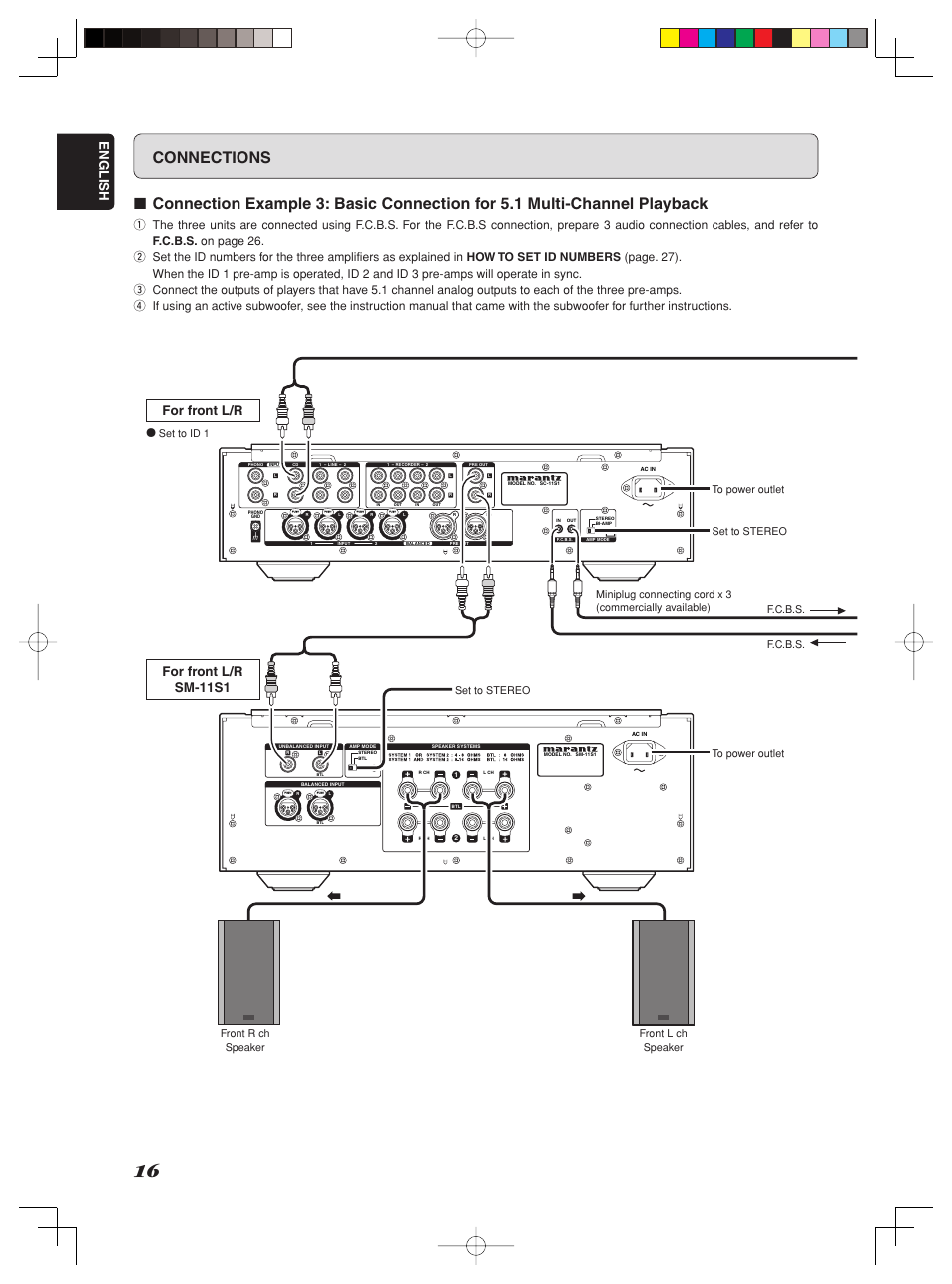 Connections, English, For front l/r | For front l/r sm-11s1 | Marantz Model SC-11S1 User Manual | Page 22 / 37