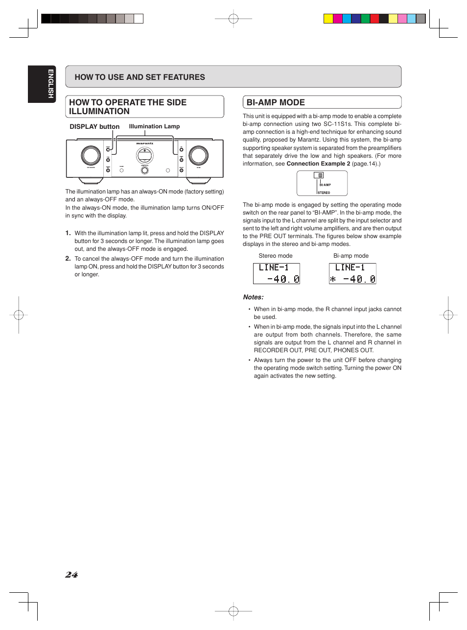 How to operate the side illumination, Bi-amp mode | Marantz Model SC-11S1 User Manual | Page 30 / 37