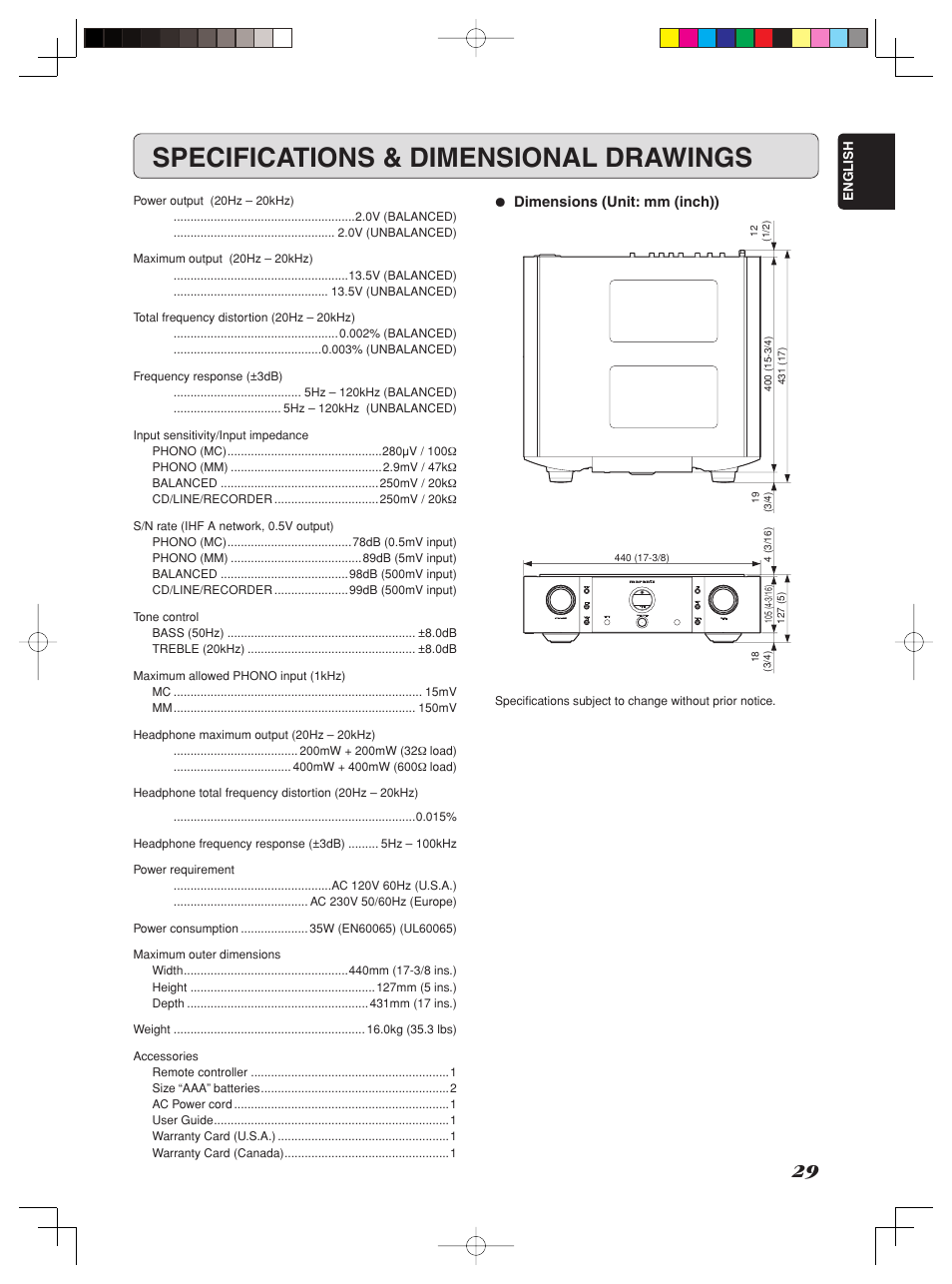 Specifications & dimensional drawings | Marantz Model SC-11S1 User Manual | Page 35 / 37
