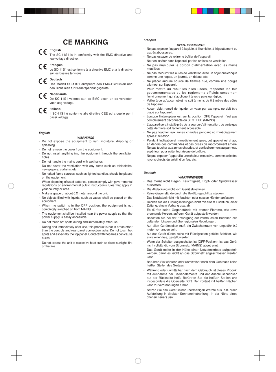 Ce marking | Marantz Model SC-11S1 User Manual | Page 5 / 37