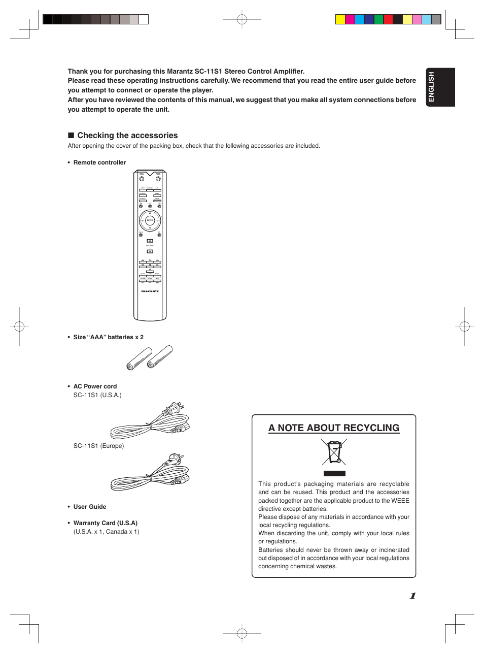 Checking the accessories | Marantz Model SC-11S1 User Manual | Page 7 / 37