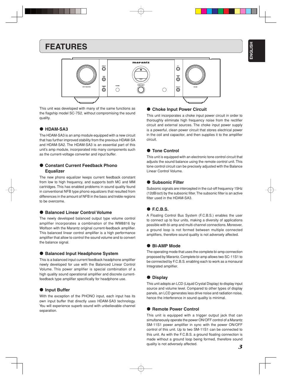 Features, Operate, Hdam-sa3 | Constant current feedback phono equalizer, Balanced linear control volume, Balanced input headphone system, Input buffer, Choke input power circuit, Tone control, Subsonic filter | Marantz Model SC-11S1 User Manual | Page 9 / 37