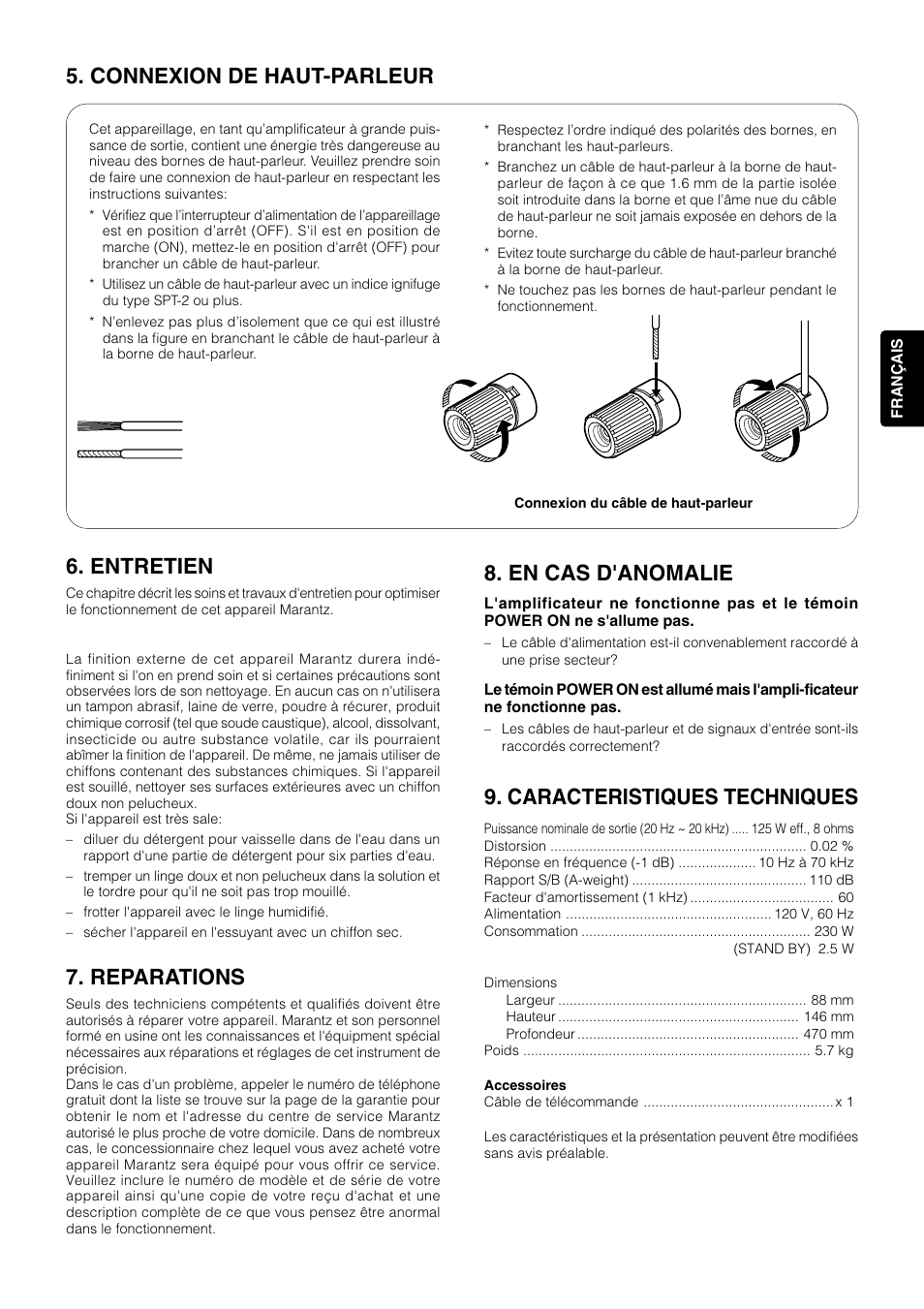 En cas d'anomalie, Caracteristiques techniques, Entretien | Reparations, Connexion de haut-parleur | Marantz MA6100 User Manual | Page 11 / 12