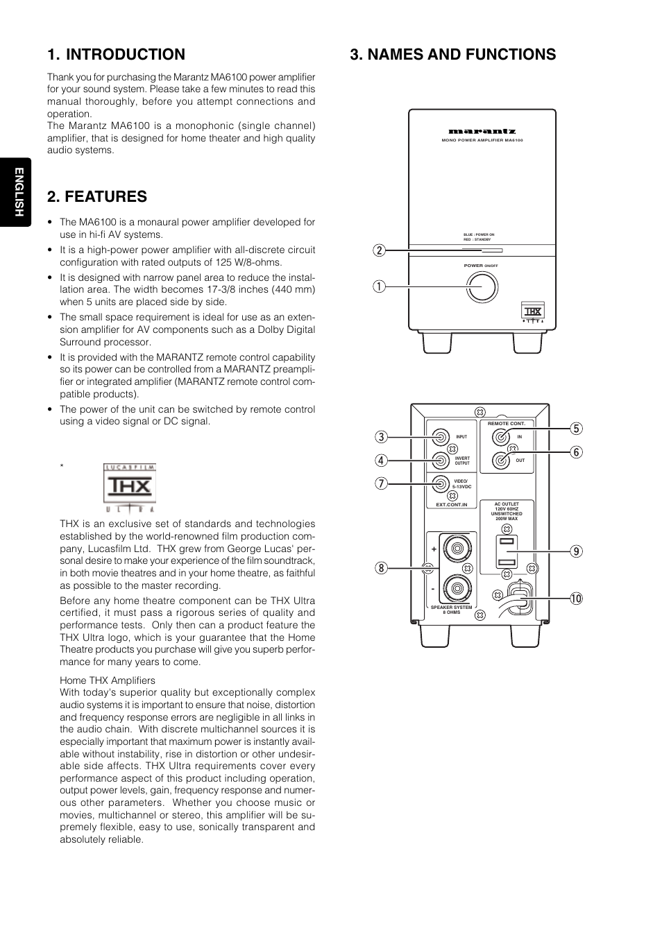 Introduction, Features, Names and functions | Et y o !0 r u i, 4english | Marantz MA6100 User Manual | Page 4 / 12