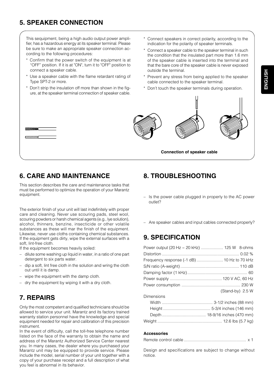 Troubleshooting, Specification, Care and maintenance | Repairs, Speaker connection | Marantz MA6100 User Manual | Page 7 / 12