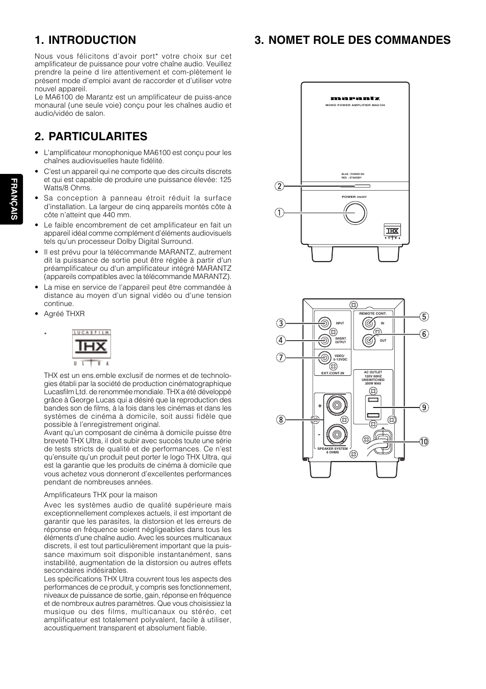 Introduction, Particularites, Nomet role des commandes | Et y o !0 r u i, Fran ç ais 8 | Marantz MA6100 User Manual | Page 8 / 12