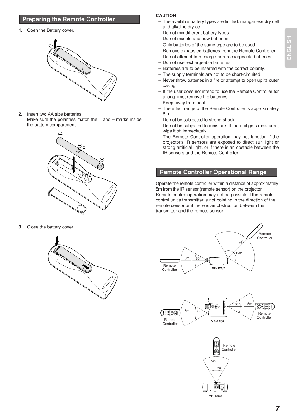 Preparing the remote controller, Remote controller operational range, English | Marantz VP-12S2 User Manual | Page 11 / 40