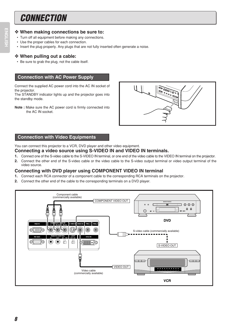 Connection, When making connections be sure to, When pulling out a cable | Marantz VP-12S2 User Manual | Page 12 / 40