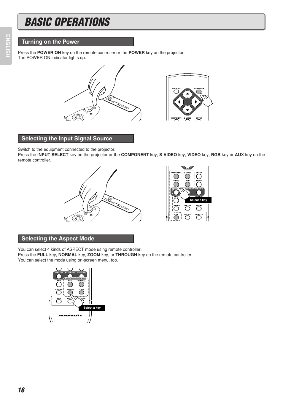 Basic operations, Selecting the aspect mode | Marantz VP-12S2 User Manual | Page 20 / 40