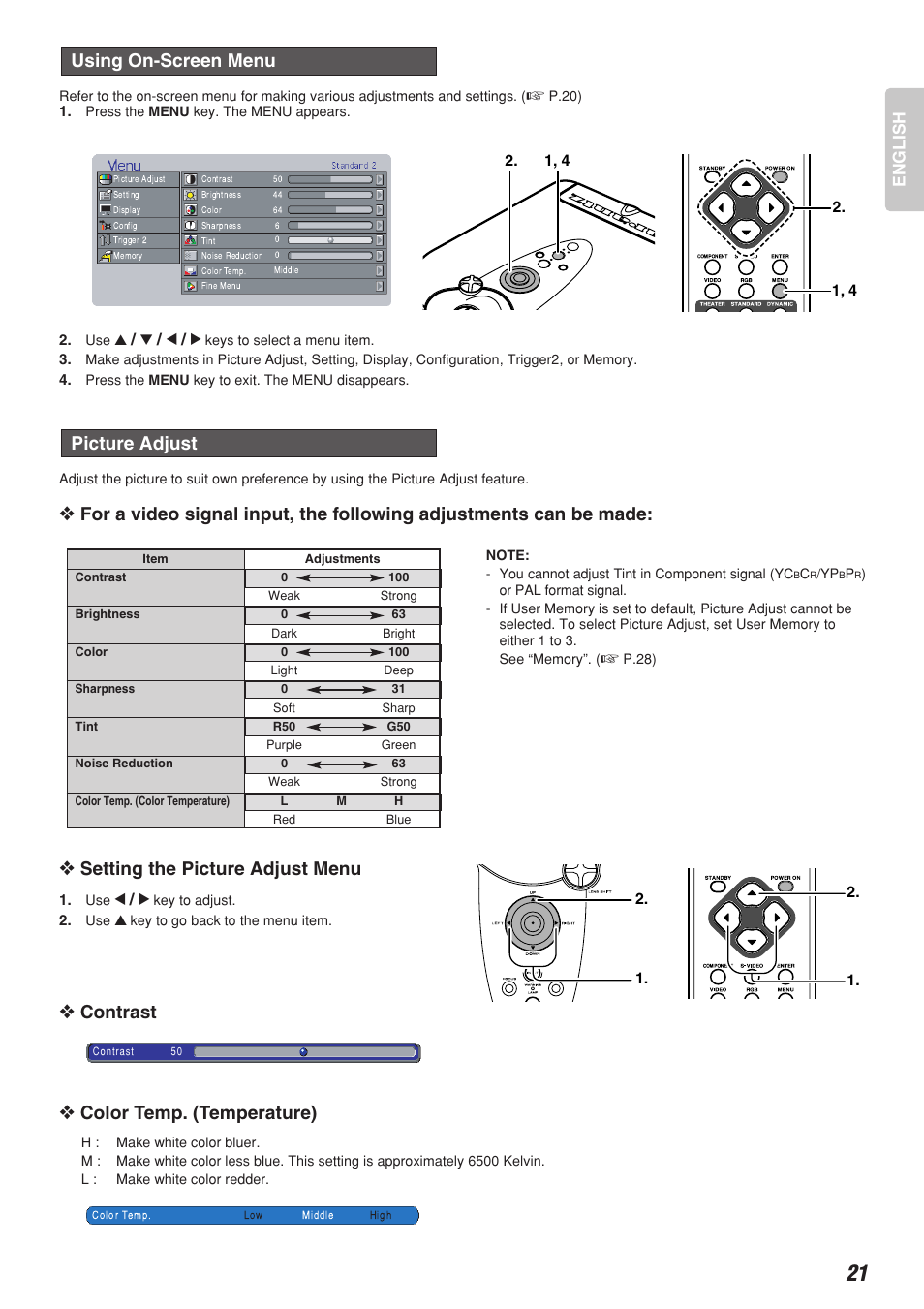 Setting the picture adjust menu, Contrast, Color temp. (temperature) | Picture adjust, Using on-screen menu | Marantz VP-12S2 User Manual | Page 25 / 40