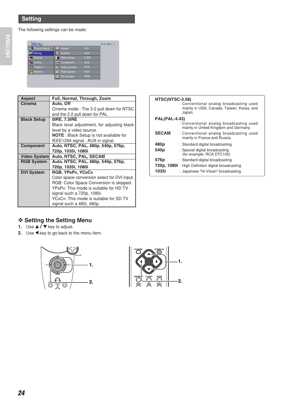 Setting the setting menu, Setting, English | Marantz VP-12S2 User Manual | Page 28 / 40