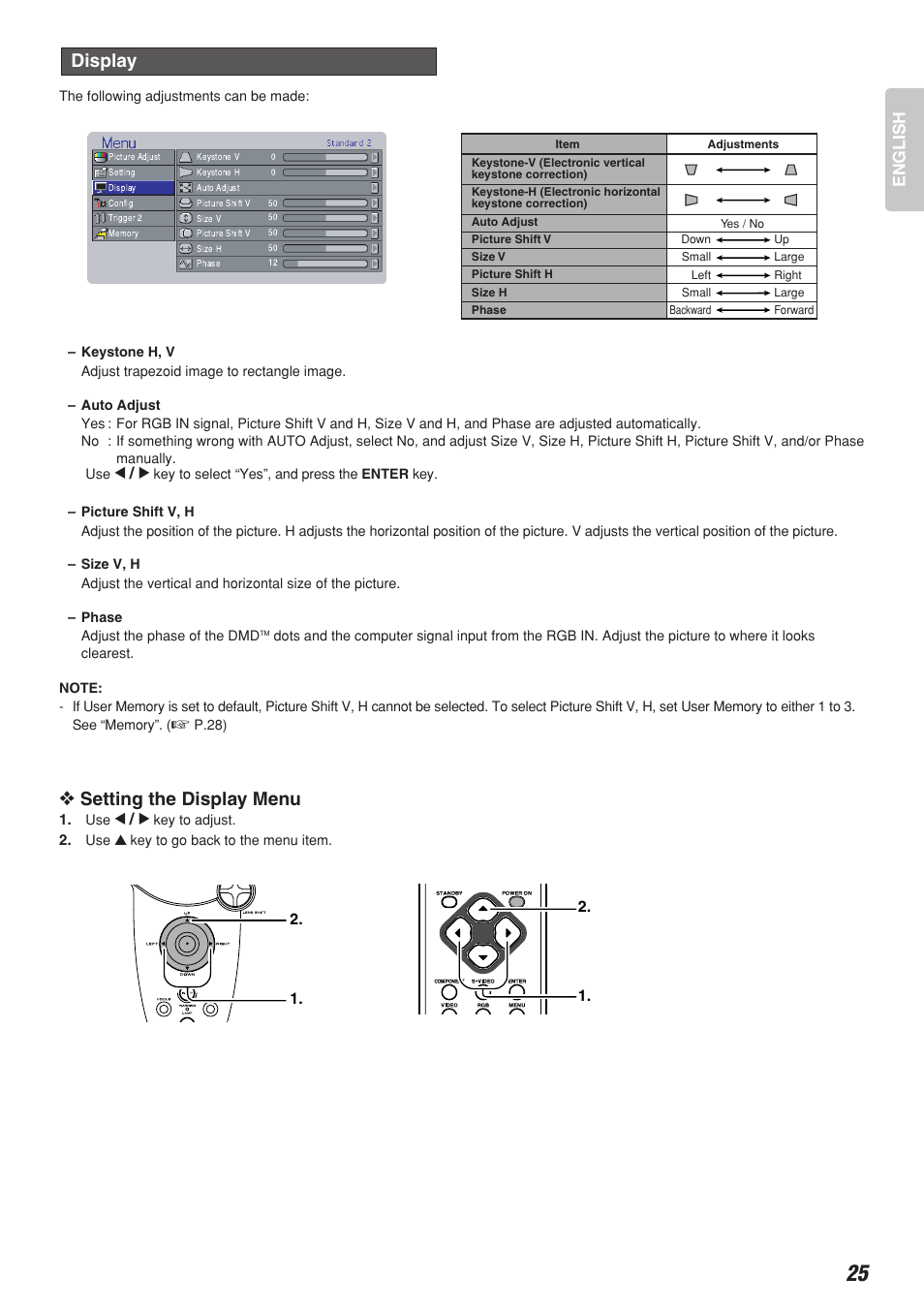 Setting the display menu, Display, English | Marantz VP-12S2 User Manual | Page 29 / 40