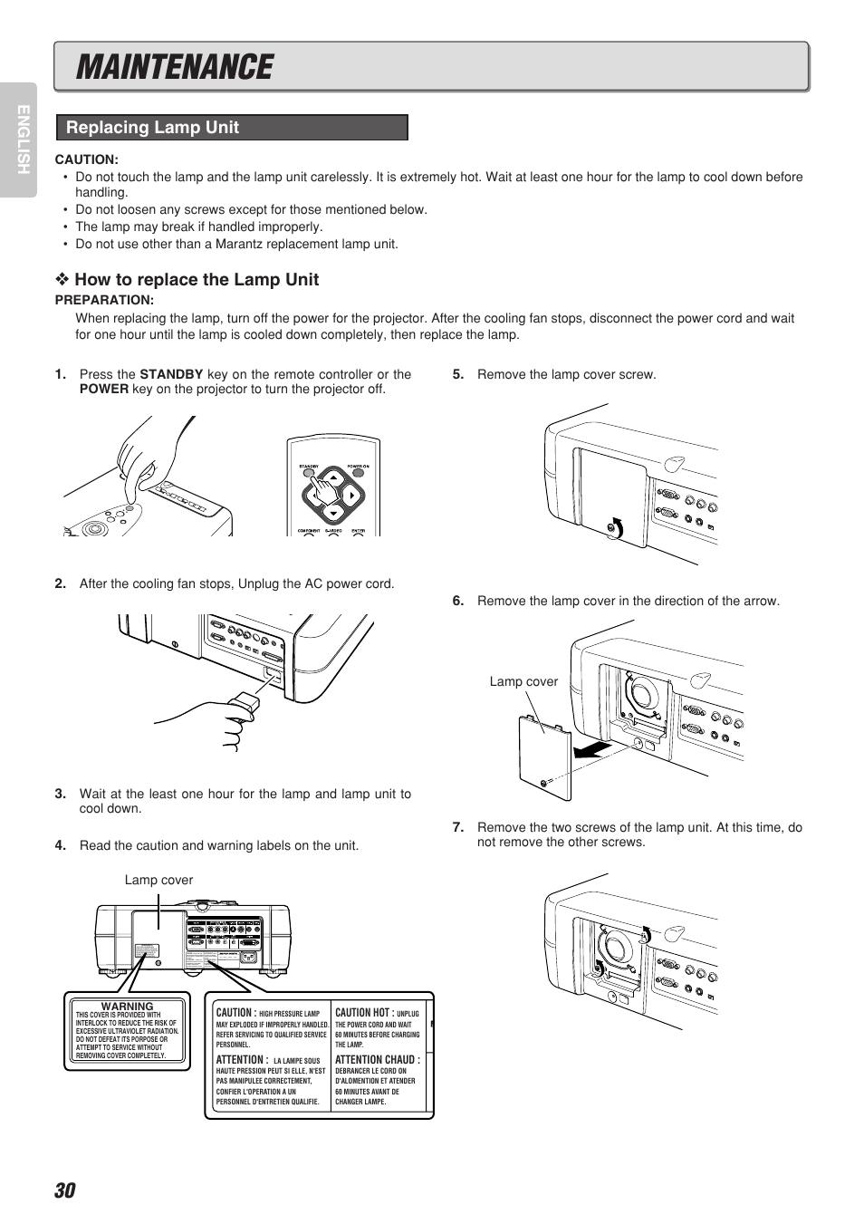 Maintenance, How to replace the lamp unit, Replacing lamp unit | English | Marantz VP-12S2 User Manual | Page 34 / 40