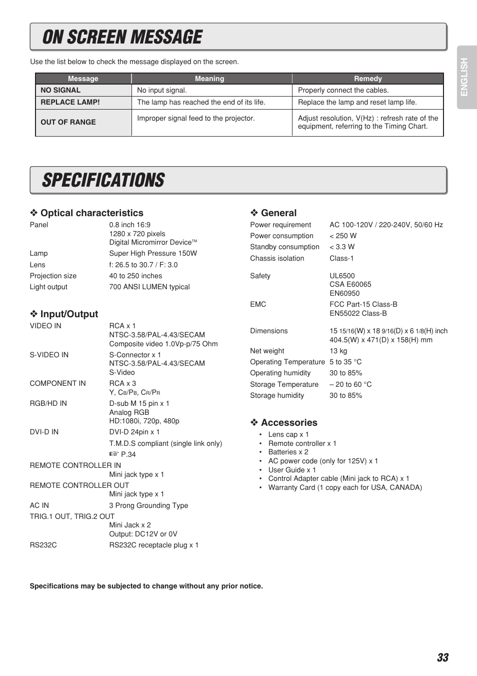 Specifications, On screen message, Optical characteristics | Input/output, General, Accessories | Marantz VP-12S2 User Manual | Page 37 / 40