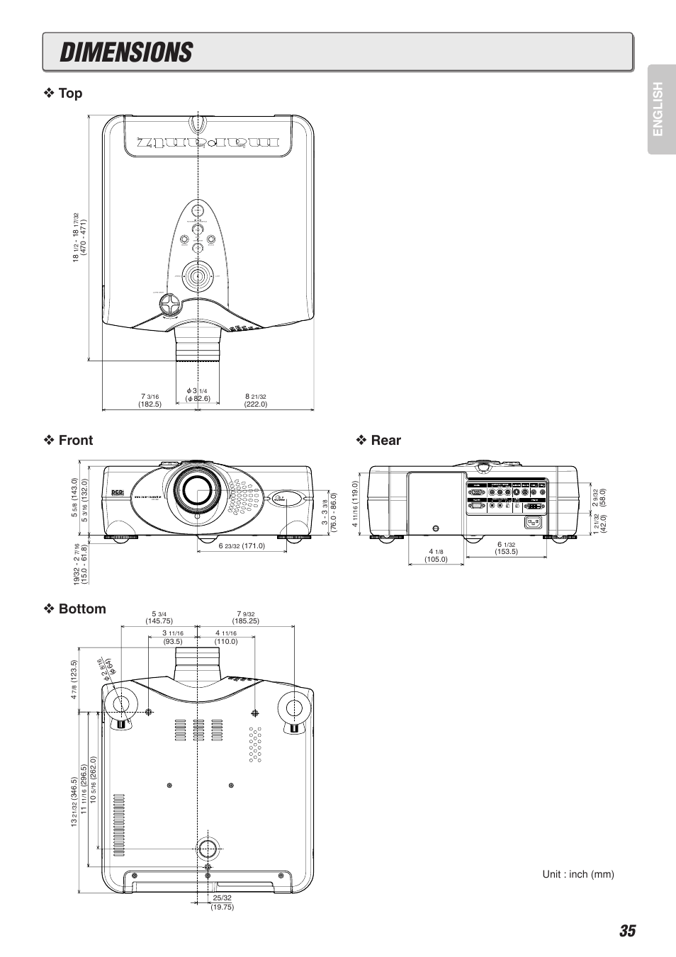 Dimensions, Front, Rear | Bottom, English | Marantz VP-12S2 User Manual | Page 39 / 40