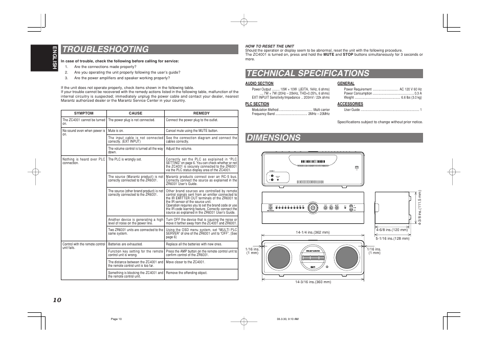 Troubleshooting, Technical specifications, Dimensions | Marantz ZC4001 User Manual | Page 13 / 14