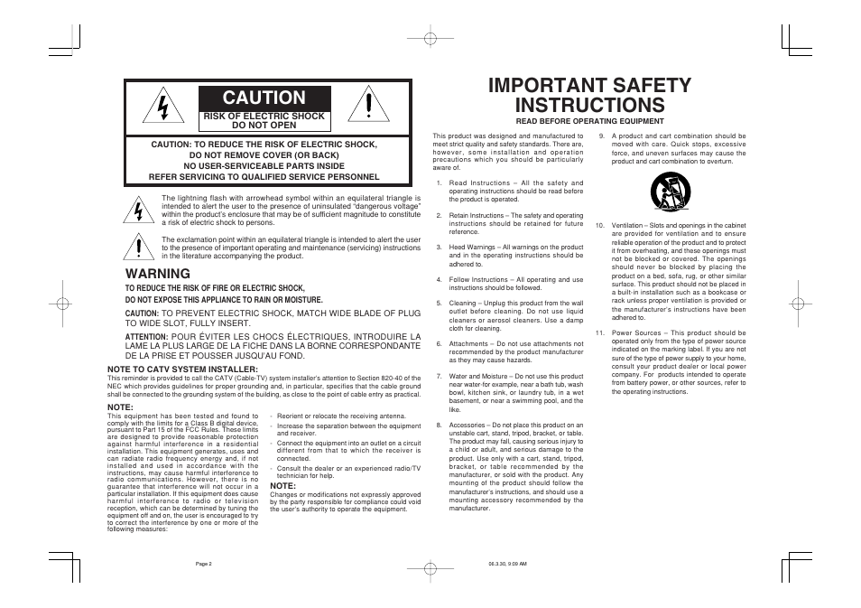 Important safety instructions, Caution, Warning | Marantz ZC4001 User Manual | Page 2 / 14