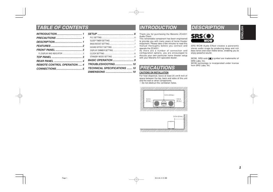 Table of contents introduction, Precautions, Description | Marantz ZC4001 User Manual | Page 4 / 14