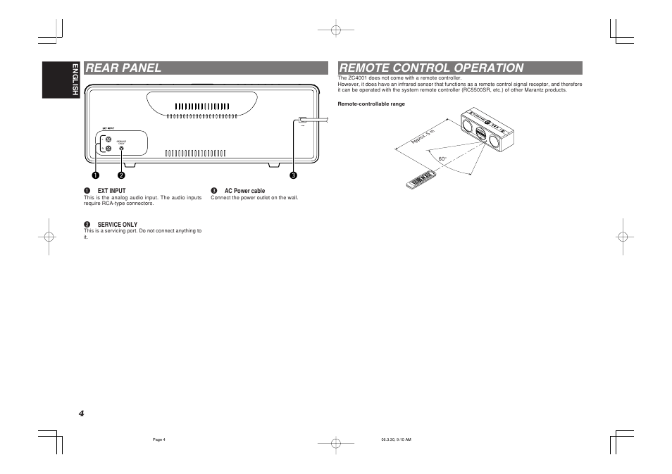 Rear panel, Remote control operation | Marantz ZC4001 User Manual | Page 7 / 14