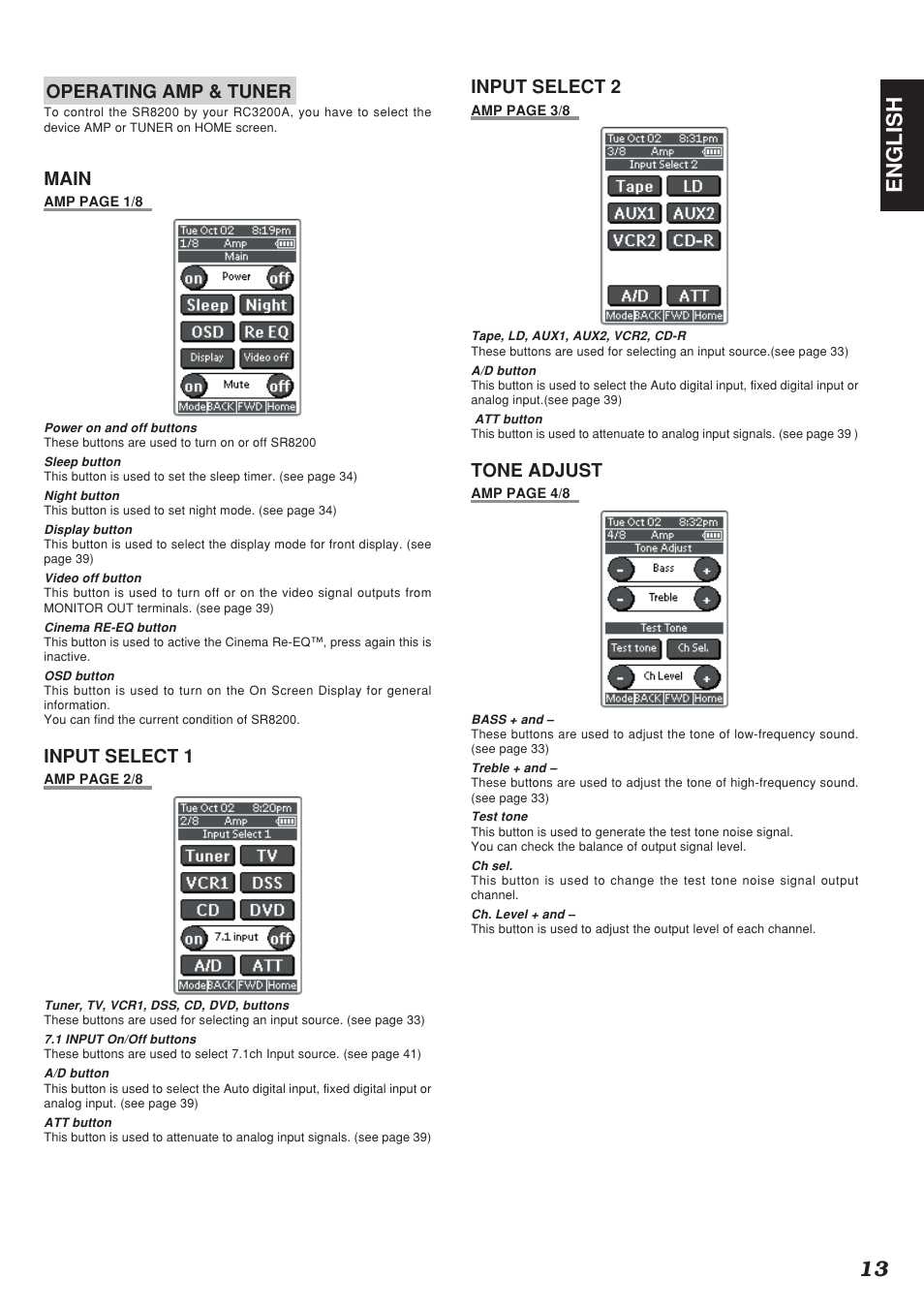 13 english, Operating amp & tuner, Main | Input select 1, Input select 2, Tone adjust | Marantz SR8200 User Manual | Page 17 / 53