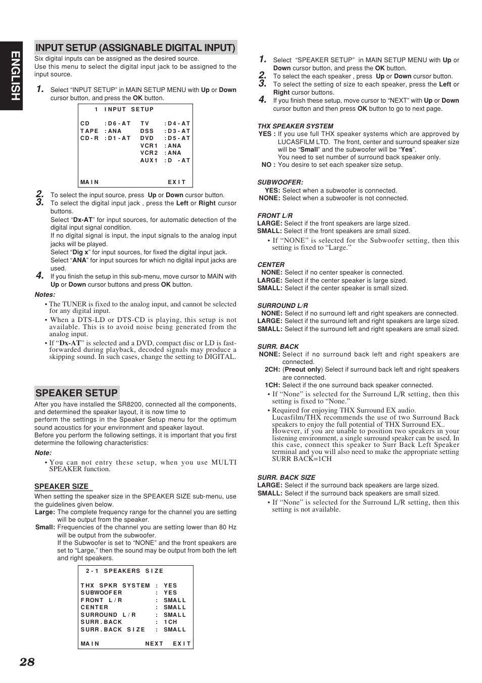 28 english, Input setup (assignable digital input), Speaker setup | Marantz SR8200 User Manual | Page 32 / 53