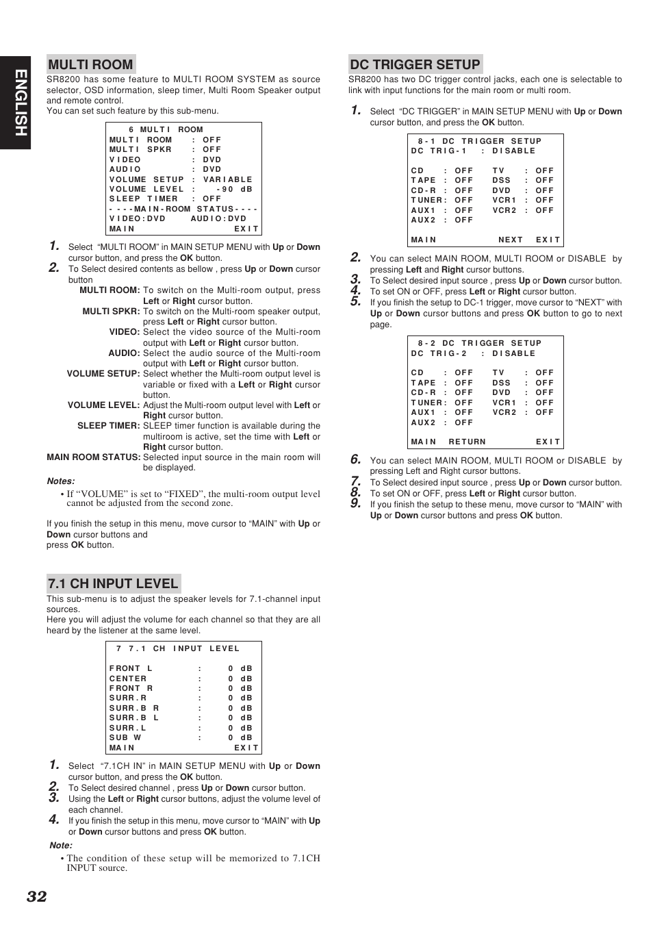 32 english, Multi room, 1 ch input level | Dc trigger setup | Marantz SR8200 User Manual | Page 36 / 53