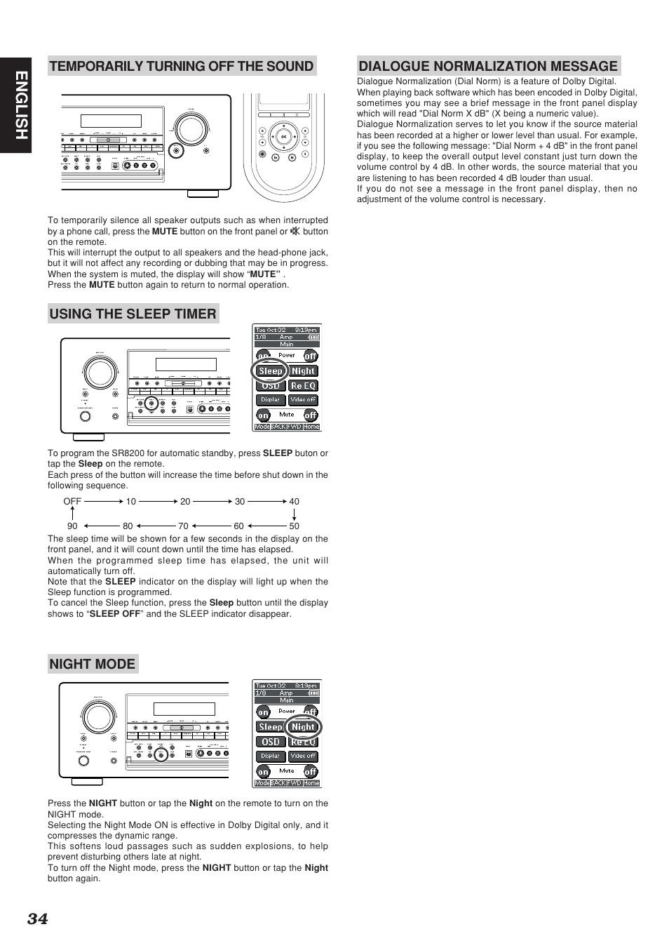 34 english, Temporarily turning off the sound, Using the sleep timer | Night mode, Dialogue normalization message | Marantz SR8200 User Manual | Page 38 / 53